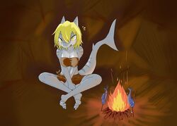  2015 anthro biped blonde_hair blush breasts clothed clothing female fire fish food grey_body hair hi_res inside looking_at_viewer marine non-mammal_breasts open_mouth shark sitting solo wood xan_(pixiv) yellow_eyes 