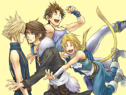  4boys bartz_klauser blonde_hair blue_eyes brown_hair closed_eyes cloud_strife commentary_request dissidia_final_fantasy final_fantasy final_fantasy_5 final_fantasy_ix final_fantasy_vii final_fantasy_viii male_focus mr-gt multiple_boys squall_leonhart tail zidane_tribal 