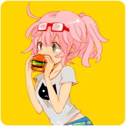  eating female food glasses glasses_removed green_eyes hamburger humburger lolicon mari_(marixrian) pink_hair ponytail shirt simple_background simple_backround solo yellow_background 