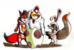  ambiguous_gender anthro avian barney bird bonnie_(jinksa) canid canine chicken clothing costume disney easter easter_bunny egg fan_character female fox furry_wearing_fursuit fursuit galliform gallus_(genus) group holidays humor jinksa lisa_sandefach male mammal phasianid predator_city simple_background trio white_background wolfport zootopia 