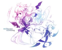  2girls alice_(deemo) bad_id bad_pixiv_id book deemo dress dual_persona multiple_girls multiple_monochrome neck_ribbon niflheimr_(deemo) parousia_(deemo) ribbon rotational_symmetry song_name symbol-shaped_pupils wings yeonie 