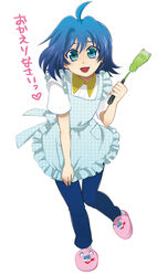  1boy ahoge apron bad_id bad_pixiv_id blue_eyes blue_hair blush cardfight!!_vanguard full_body highres kano_ko male_focus open_mouth photoshop_(medium) sendou_aichi simple_background slippers smile solo spatula white_background wingal 