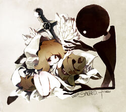  alice_(deemo) barefoot brown_eyes brown_hair commentary copyright_name deemo deemo_(character) female flower holding_hands hood legs looking_at_viewer official_art photoshop_(medium) punew signature song_name sword weapon 