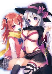  2girls ayachi_nene belt blush breasts candy commentary_request food grey_hair hat inaba_meguru jacket large_breasts letterman_jacket lollipop long_hair multiple_girls namanie navel official_art purple_eyes red_eyes red_hair sanoba_witch scarf scrunchie short_hair sitting skirt smile striped_clothes striped_thighhighs thighhighs two_side_up witch_hat yuzu_para zettai_ryouiki 