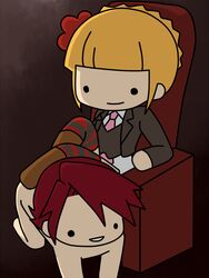  1boy all_fours beatrice_(umineko) blonde_hair chair chibi clothed_female_nude_male commentary_request female femdom flower foot_on_back hair_flower hair_ornament human_furniture kashiwa_kiseri legs_on_another&#039;s_back necktie nude pink_necktie red_hair sitting smile straight striped_clothes striped_thighhighs thighhighs umineko_no_naku_koro_ni ushiromiya_battler 