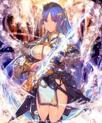  bad_id bad_pixiv_id blue_eyes blue_hair breasts cleavage_cutout clothing_cutout commentary_request female kanjy00u large_breasts long_hair mina_(shingeki_no_bahamut) pointy_ears shingeki_no_bahamut solo sword thighs underboob underboob_cutout very_long_hair weapon 