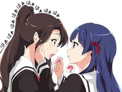  2girls ? akikaze_rui black_hair black_serafuku blue_eyes blue_hair blush brown_eyes commentary_request drooling eye_contact face-to-face from_side hand_on_another&#039;s_face lipgloss long_hair long_sleeves looking_at_another multiple_girls ponytail profile rinmeikan_girls_school_uniform sailor_collar school_uniform serafuku shoujo_kageki_revue_starlight shoujo_kageki_revue_starlight_-re_live- smile spoken_question_mark sweatdrop tomoe_tamao umanosuke upper_body white_background white_sailor_collar yuri 