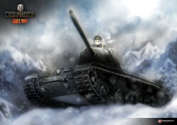  blonde_hair blue_eyes caterpillar_tracks cloud commentary english_commentary female highres kei_(keigarou) kv-1 kv-85 long_hair military military_vehicle motor_vehicle mountain official_art sky snow snowing tank wargaming_japan world_of_tanks 