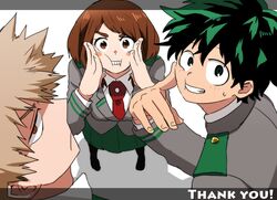  2boys bad_id bad_pixiv_id bakugou_katsuki black_hair black_legwear blonde_hair bob_cut boku_no_hero_academia brown_eyes brown_hair cheek_squash female freckles green_hair green_skirt midoriya_izuku multicolored_hair multiple_boys necktie orange_eyes pantyhose pleated_skirt school_uniform short_hair sidelocks skirt streaked_hair thank_you u.a._school_uniform uraraka_ochako yagiushi_(sinnpatilove) 