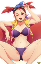  absurdres arm_up artist_name bad_id bad_pixiv_id bare_shoulders bikini breasts brown_eyes earrings female goggles goggles_on_head guppi head_scarf highres jewelry large_breasts looking_at_viewer navel one_eye_closed open_mouth red_eyes short_hair simple_background sitting solo spread_legs stormcow swimsuit teeth twintails wayforward white_background xtreme_sports 