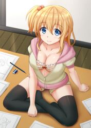  :3 black_thighhighs blonde_hair blue_eyes breasts cleavage collarbone comic_girls commentary eraser female full_body hair_between_eyes hair_ornament highres hood hood_down hoodie kazenokaze koizuka_koyume large_breasts looking_at_viewer manga_(object) no_shoes pencil side_ponytail sitting smile solo thighhighs 