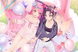  2girls :d apple bad_id bad_pixiv_id balloon bare_shoulders blush breasts chae_na-ra flower food fruit head_wreath heart heart_balloon highres holding_hands jacket keishi_(shining_star) long_hair multiple_girls nail_polish ohisashiburi open_mouth pink_eyes pink_hair pink_nails purple_eyes purple_hair purple_nails shining_star short_hair sitting smile strawberry tomboy yuri 