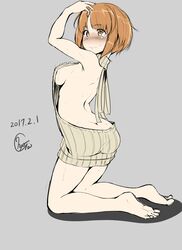  aran_sweater artist_name back backless_dress backless_outfit bare_back blush breasts brown_eyes brown_hair brown_sweater butt_crack cable_knit closed_mouth commentary_request dated dress female from_side frown full_body girls_und_panzer hand_on_own_head highres kneeling looking_at_viewer medium_breasts meme_attire naked_sweater nishizumi_miho ribbed_sweater ryuunagi_hyouga short_hair sideboob signature solo sweat sweater sweater_dress turtleneck turtleneck_sweater virgin_killer_sweater 