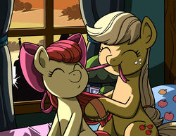  apple_bloom_(mlp) applejack_(mlp) blonde_hair closed_eyes cutie_mark duo earth_pony equid equine female feral freckles friendship_is_magic hair hasbro hi_res horse latecustomer long_hair mammal my_little_pony pony red_hair sibling_(lore) sister_(lore) sisters_(lore) smile young young_feral 