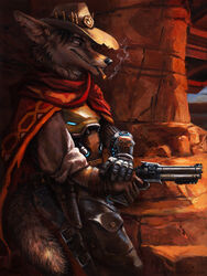  2017 5_fingers anthro armwear black_nose blizzard_entertainment brown_armwear brown_body brown_clothing brown_fur canid canine canis cigar clothed clothing cole_cassidy cowboy_hat coyote cybernetics cyborg detailed fingers fully_clothed fur gloves gun handgun handwear hat headgear headwear hi_res holding_gun holding_object holding_ranged_weapon holding_weapon holster inner_ear_fluff kenket long_mouth machine male mammal notched_ear overwatch painting_(artwork) poncho portrait pose ranged_weapon revolver rolled_up_sleeves shirt side_view smoke smoking solo three-quarter_portrait topwear traditional_media_(artwork) tuft weapon whiskers white_body white_fur 