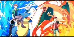  2boys achiki baseball_cap blastoise blue_oak brown_hair cannon charizard commentary_request fire flame-tipped_tail grin hat highres jacket jewelry multiple_boys necklace pointing pokemon pokemon_(creature) pokemon_origins red_(pokemon) sitting smile standing water 