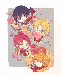  4boys ahoge akehoshi_subaru black_hair blazer blonde_hair blue-framed_eyewear blue_eyes blush cake chibi closed_eyes commentary cookie cupcake ensemble_stars! food fork fruit glasses green_eyes heart hidaka_hokuto holding holding_heart isara_mao jacket male_focus multiple_boys oerba_yun_fang one_eye_closed open_mouth orange_hair pants pastry pink_hair plaid plaid_pants red_jacket red_shorts red_vest saku_(l714884548) short_hair shorts smile strawberry trickstar_(ensemble_stars!) vest yuuki_makoto_(ensemble_stars!) 