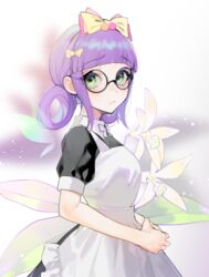  absurdres apron bad_id bad_pixiv_id black-framed_eyewear black_dress blunt_bangs blush bow closed_mouth dress female flower flower_request from_side green_eyes hairbow highres leaf looking_at_viewer looking_to_the_side maid_apron ohisashiburi own_hands_together pink_bow purple_hair round_eyewear shining_star solo standing vanilla_(shining_star) white_apron white_flower yellow_bow 