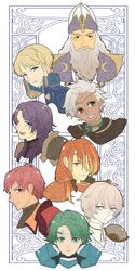  6+boys alm_(fire_emblem) beard blonde_hair blue_eyes boey_(fire_emblem) brown_eyes circlet clive_(fire_emblem) commentary_request dark-skinned_male dark_skin facial_hair fire_emblem fire_emblem_echoes:_shadows_of_valentia green_eyes green_hair hat headband highres kaiji0324 kliff_(fire_emblem) leon_(fire_emblem_echoes) long_hair low_ponytail lukas_(fire_emblem) luthier_(fire_emblem) male_focus mole mole_under_mouth moustache multicolored_hair multiple_boys nomah_(fire_emblem) one_eye_closed open_mouth orange_eyes orange_hair pink_eyes portrait purple_eyes purple_hair red_eyes red_hair teeth two-tone_hair white_hair 