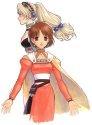  1990s_(style) 2girls atelier_(series) atelier_elie atelier_marie blonde_hair brown_eyes brown_hair cape closed_mouth dress elfir_traum expressionless headdress high_ponytail long_hair looking_at_viewer low-tied_long_hair marie_(atelier) multiple_girls no_headwear official_art orange_dress ponytail profile retro_artstyle short_hair signature simple_background twintails white_background yamagata_isaemon yellow_cape 