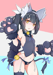  absurdres animal_ear_fluff animal_ears animal_hands bare_shoulders bell black_hair blue_background blue_ribbon blush breasts cat_ears cat_tail chinese_commentary commentary elbow_gloves fate/kaleid_liner_prisma_illya fate_(series) feather_hair_ornament feathers female fur_trim garter_straps gloves grey_thighhighs grey_vest hair_ornament hairclip hands_up highres jingle_bell long_hair looking_at_viewer miyu_edelfelt miyu_edelfelt_(beast_style) multicolored_background navel neck_ribbon oerba_yun_fang open_mouth paw_gloves pink_background ribbon small_breasts solo tail thighhighs thighs twintails vest white_background winghd yellow_eyes 