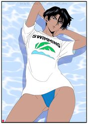  black_hair blue_eyeshadow breasts chris_re5 commentary_request competition_swimsuit dark-skinned_female dark_skin eyeshadow female golden_boy hayami_ayuko looking_at_viewer makeup one-piece_swimsuit parted_lips retro_artstyle shirt short_hair solo swimsuit swimsuit_under_clothes tomboy white_shirt 