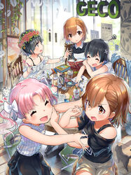  5girls :d ^_^ absurdres alternate_hair_color bag bare_shoulders black_cat black_hair black_skirt blush book bow bra_strap brown_eyes brown_hair cafe casual chair closed_eyes collarbone commentary cup disposable_cup feline flower food frilled_shirt frills gekota glass_door hair_between_eyes hair_flower hair_ornament hairbow hatsuga_(dmaigmai) head_wreath heart highres long_hair medium_hair misaka_imouto misaka_imouto_10032 misaka_imouto_10032&#039;s_cat misaka_mikoto multiple_girls open_book open_mouth parted_bangs pencil pink_hair pyonko saten_ruiko shirai_kuroko shirt short_hair short_sleeves shorts siblings sisters sitting skirt sleeveless sleeveless_shirt smile squiggle tile_floor tiles toaru_kagaku_no_railgun toaru_majutsu_no_index twintails uiharu_kazari white_bow white_shirt white_shorts 