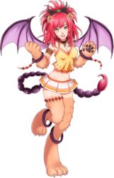  animal_ear_fluff animal_ears animal_hands armlet artist_request bare_shoulders bracelet breasts claws cleavage female full_body hair_between_eyes jewelry lion_ears lion_paw manticore_girl medium_breasts medium_hair memeko_(monster_musume) midriff monster_girl monster_musume_no_iru_nichijou monster_musume_no_iru_nichijou_online navel oerba_yun_fang official_art open_mouth red_hair scorpion_tail slit_pupils solo tail tank_top transparent_background yellow_eyes yellow_tank_top 