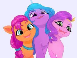  blue_hair braided_hair earth_pony equid equine eyelashes female feral green_eyes group hair hasbro hi_res horn horse izzy_moonbow_(mlp) mammal mlp_g5 my_little_pony mythological_creature mythological_equine mythology open_mouth open_smile orange_body pegasus pink_body pink_hair pipp_petals_(mlp) pony purple_body purple_hair saphypone smile sunny_starscout_(mlp) tongue trio unicorn wavy_hair wings 