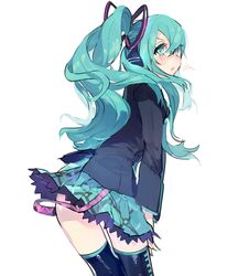  ^^^ aqua_eyes aqua_hair aqua_skirt belt black_shirt black_thighhighs commentary crossed_bangs female frilled_skirt frills from_behind hair_between_eyes hair_ribbon hands_on_own_thighs hatsune_miku hatsune_miku_(if) headphones highres leaning_forward long_hair looking_at_viewer looking_to_the_side miniskirt naruto_maki piano_print plaid plaid_skirt pleated_skirt ponytail ribbon shirt simple_background skirt solo striped striped_ribbon thighhighs triangle_mouth two-tone_ribbon vocaloid white_background zettai_ryouiki 