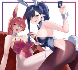  2girls :d animal_ears blue_eyes blue_leotard breasts brown_pantyhose commentary_request covered_navel detached_collar earrings fake_animal_ears highres hip_vent jewelry kurozawa_yui large_breasts leotard long_hair looking_at_viewer mirolive multiple_girls orange_eyes pantyhose pink_hair pink_leotard playboy_bunny pointy_ears ponytail rabbit_ears rabbit_tail sideboob smile strapless strapless_leotard tabasuko_(mirolive) tail thirteen_(mirolive) virtual_youtuber white_pantyhose wrist_cuffs 