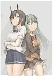  2girls absurdres aqua_eyes aqua_hair ascot azur_lane black_hair blazer blue_bow blue_bowtie blue_skirt bow bowtie breasts brown_jacket brown_skirt button_gap cardigan crossed_arms gloves gradient_background grey_background hair_between_eyes hair_ornament hairclip highres historical_name_connection horns jacket kantai_collection long_hair medium_breasts multiple_girls name_connection no_legwear nonone_(the9thxsheep) oni_horns open_cardigan open_clothes pleated_skirt red_bow red_bowtie red_horns school_uniform shirt shirt_tucked_in single_glove skirt suzuya_(azur_lane) suzuya_(kancolle) suzuya_kai_ni_(kancolle) sweatdrop vest white_gloves white_shirt yellow_eyes 