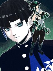  2boys black_hair blue_eyes bowl_cut crossover demi-fiend eyelashes full-body_tattoo highres jouin_high_school_uniform looking_at_viewer male_focus mimimimiguchan multiple_boys protagonist_(smtv) school_uniform shin_megami_tensei shin_megami_tensei_iii:_nocturne shin_megami_tensei_v short_hair shorts simple_background tattoo topless_male yellow_eyes 