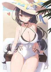  arm_support ass_visible_through_thighs bare_shoulders beach black_choker black_hair blue_archive blurry blurry_foreground breasts brown_eyes brown_hat casual_one-piece_swimsuit choker cleavage collarbone commentary_request covered_navel depth_of_field female flower hair_over_one_eye halo hat hat_flower heart highres hinata_(blue_archive) hinata_(swimsuit)_(blue_archive) large_breasts long_hair looking_at_viewer official_alternate_costume one-piece_swimsuit parted_lips sand sitting solo swimsuit synn032 thigh_gap very_long_hair water white_flower white_one-piece_swimsuit 