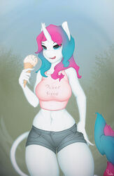  absurd_res anthro big_breasts bottomwear breasts clothing crop_top dessert diamond_mind equid equine female food hand_on_hip hi_res horn hotpants ice_cream ice_cream_cone licking licking_lips licking_own_lips looking_at_viewer mammal mythological_creature mythological_equine mythology okata self_lick shirt shorts solo tail tail_tuft text text_on_clothing text_on_topwear thick_thighs thigh_gap tongue tongue_out topwear tuft unicorn 