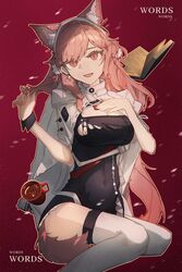  :d absurdres animal_ear_fluff animal_ears arknights bad_id bad_pixiv_id black_dress book breasts cleavage commentary_request covered_navel dress earrings feet_out_of_frame female hairband hand_on_own_chest highres huajiaohaibao jacket jewelry large_breasts long_hair looking_at_viewer official_alternate_costume open_mouth pink_eyes pink_hair pozyomka_(arknights) pozyomka_(snowy_plains_in_words)_(arknights) red_background simple_background smile solo thighhighs thighs white_hairband white_jacket white_thighhighs wolf_ears 