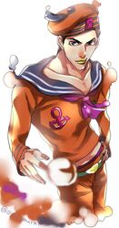  1boy black_hair blue_eyes blurry bubble depth_of_field dixie_cup_hat green_lips hat higashikata_josuke_(jojolion) highres jojo_no_kimyou_na_bouken jojolion male_focus military_hat orange_hat orange_pants orange_shirt pants sailor samuraisamurai shirt solo 