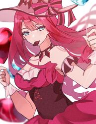  arisawa balloon baobhan_sith_(fate) baobhan_sith_(valentine_witches)_(fate) blue_eyes bow chocolate corset fate/grand_order fate_(series) female hat hat_bow heart_balloon holding holding_balloon jewelry long_hair mouth_hold multicolored_bow necklace pink_hat pink_skirt red_hair skirt solo striped striped_bow upper_body white_background witch_hat wrist_cuffs 