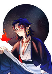  1boy black_hair breath_weapon breathing_fire earrings fire gun highres jewelry knee_up koban153 lanxi_zhen long_hair long_sleeves looking_at_viewer luo_xiaohei_zhanji male_focus pointy_ears red_eyes solo upper_body weapon xuan_li_(the_legend_of_luoxiaohei) 