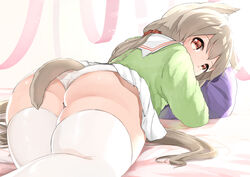  animal_ears ass bed_sheet brown_eyes brown_hair brown_scrunchie cat_ears cat_girl cat_tail commentary_request covered_mouth female green_shirt hair_ornament hair_scrunchie highres koruri-chan_(sora) long_hair long_sleeves looking_at_viewer looking_back lying on_stomach original pillow pleated_skirt plump sailor_collar school_uniform scrunchie serafuku shirt skirt solo sora_(silent_square) tail thighhighs very_long_hair white_sailor_collar white_skirt white_thighhighs 