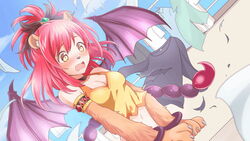  animal_ear_fluff animal_ears animal_hands armlet artist_request bare_shoulders blush bracelet breasts claws cleavage covering_crotch covering_privates female hair_between_eyes jewelry laundry manticore_girl medium_breasts medium_hair memeko_(monster_musume) midriff monster_girl monster_musume_no_iru_nichijou monster_musume_no_iru_nichijou_online navel oerba_yun_fang official_art open_mouth outdoors red_hair slit_pupils solo tank_top torn_clothes wardrobe_malfunction yellow_eyes yellow_tank_top 