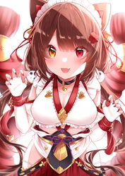  animal_ears breasts brown_hair claw_pose cleavage collarbone dog_ears eyebrows_hidden_by_hair female flower hair_flower hair_ornament heterochromia highres inui_toko inui_toko_(valkyrie_hero) long_hair low_twintails maid_headdress medium_breasts nijisanji oerba_yun_fang official_alternate_costume open_hands red_eyes red_flower red_nails skin_fang solo suzue_moka thigh_strap twintails valkyrie_connect virtual_youtuber yellow_eyes 