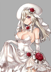  bare_shoulders beret blush braid breasts bridal_veil brown_eyes cleavage closed_mouth commentary detached_collar dress elbow_gloves female flower g36c_(girls&#039;_frontline) g36c_(you_who_steps_up)_(girls&#039;_frontline) girls&#039;_frontline gloves grey_background grey_hair hair_over_one_eye hat kaorihero long_hair looking_at_viewer medium_breasts official_alternate_costume rose side_braid simple_background smile solo veil wedding_dress white_dress white_gloves white_hat 