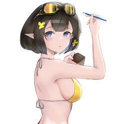  arknights bare_arms bare_shoulders bikini black_hair blue_eyes bob_cut breasts chinese_commentary commentary_request eunectes_(arknights) female from_side goggles goggles_on_head hands_up highres holding holding_pencil looking_at_viewer medium_breasts obniermarbiss parted_lips pencil pointy_ears short_hair simple_background solo string_bikini swimsuit upper_body white_background yellow_bikini 