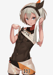  abs bea_(pokemon) black_hairband bodysuit bodysuit_under_clothes breasts commentary covered_navel dark-skinned_female dark_skin female grey_eyes grey_hair hairband looking_at_viewer pokemon pokemon_swsh short_hair short_sleeves shorts simple_background solo sweat wujiemang 