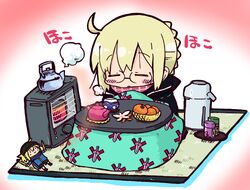  :o ahoge artoria_pendragon_(fate) black_jacket blonde_hair blush_stickers bowl braid character_doll chibi closed_eyes commentary_request facing_viewer fate/grand_order fate_(series) female food fruit full_body glasses heater jacket kasuga_yuuki kerosene_heater kotatsu mandarin_orange mysterious_heroine_x_(fate) mysterious_heroine_x_alter_(fate) mysterious_heroine_x_alter_(first_ascension)_(fate) parted_lips pink_scarf scarf sidelocks sitting solo table teapot tray 