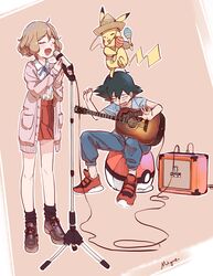  1boy :d acoustic_guitar ahoge amplifier blue_ribbon cable cardigan closed_eyes clothed_pokemon collared_shirt commentary_request female guitar highres instrument left-handed maracas microphone microphone_stand mn_(lkl39372002) neck_ribbon open_cardigan open_clothes open_mouth orange_amplifiers pants pikachu pleated_skirt poke_ball_print pokemon pokemon_(anime) pokemon_(creature) pokemon_xy_(anime) red_footwear red_skirt ribbon satoshi_(pokemon) serena_(pokemon) shirt shoes short_sleeves sitting skirt smile socks standing tongue white_shirt 