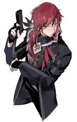  1boy black_jacket black_pants black_shirt bokyo cigarette cleavage_cutout clothing_cutout cropped_legs from_above green_eyes gun handgun highres holding holding_gun holding_weapon in_mouth jacket lauren_iroas lauren_iroas_(1st_costume) male_focus nijisanji pants red_hair shirt solo virtual_youtuber weapon 