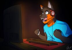  blue_eyes canid canine clothed clothing codyf0xx computer computer_keyboard computer_monitor computer_mouse drew_fawkes electronics excited excited_expression fist fists_clenched fox fur gaming headphones male mammal open_mouth open_smile orange_body orange_fur playing_video_game smile solo 