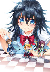  1boy 3girls black_hair blue_eyes blue_sweater_vest breast_rest breasts breasts_on_table chessboard chibi closed_mouth cover cover_page goshouin_kyou highres hisasi holding holding_shield holding_staff holding_sword holding_weapon large_breasts messy_hair multiple_girls neck_ribbon netoge_no_yome_wa_onna_no_ko_janai_to_omotta? nishimura_hideki no_bra novel_cover official_art pointing pointing_at_another red_ribbon ribbon second-party_source segawa_akane shield shirt staff sweater_vest sword tamaki_ako upper_body weapon white_shirt 